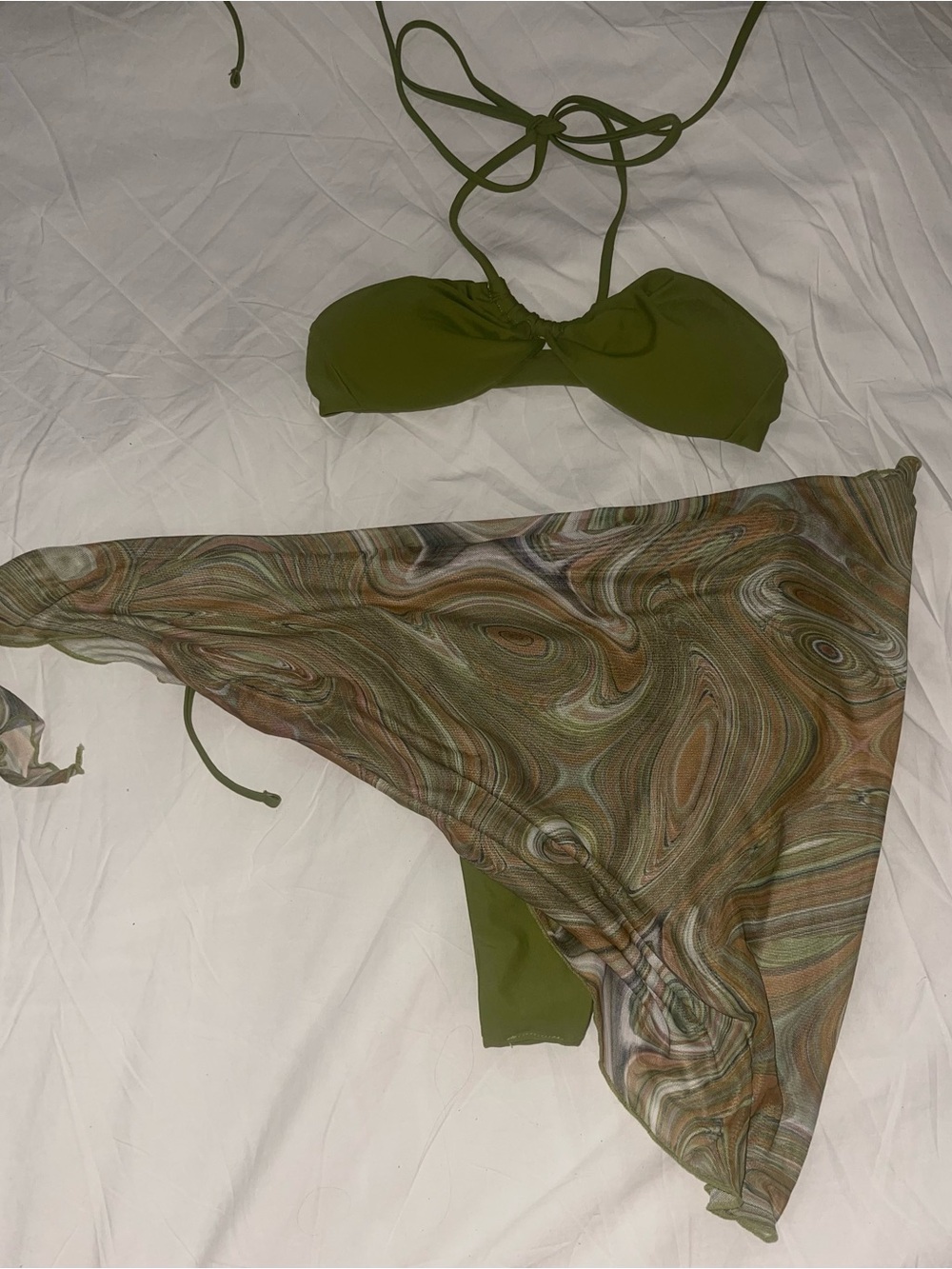 Olive Green Women's Bandeau Bikini Set with Swirl Mesh Sarong